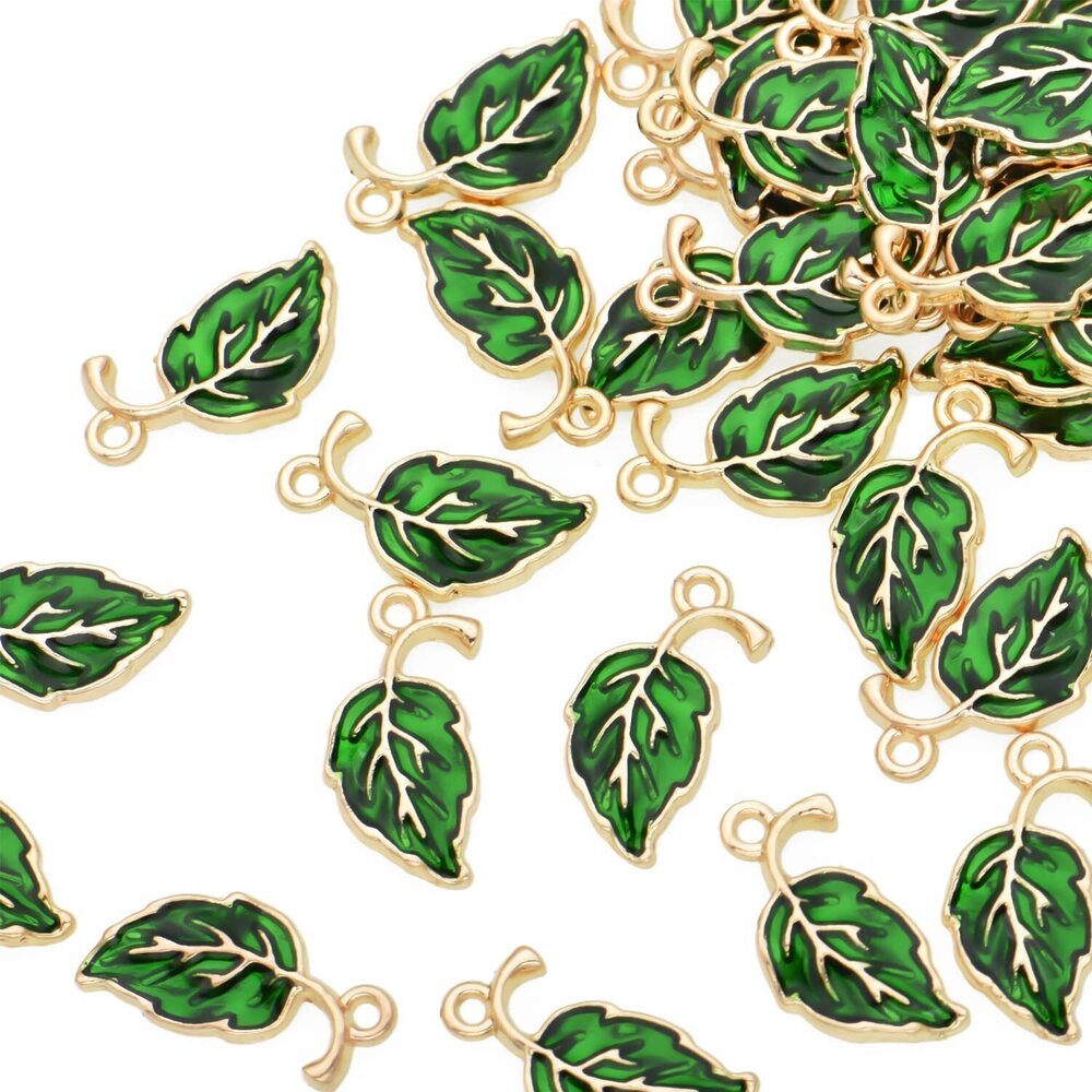 7995 Pack of 80 Green Leaves Enamel Charms Gold Plated Colored Pendants
